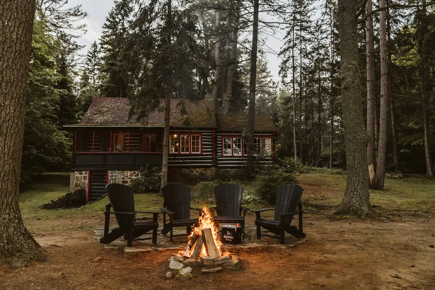 Cozy campfire at Crowe Cottage at Killarney Lodge in Algonquin Park