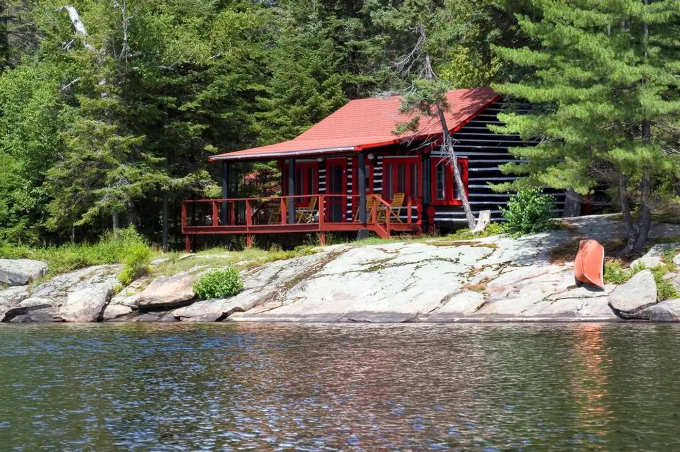 Shore facing view of a Duplex Cabin at Killarney Lodge in Algonquin Park.