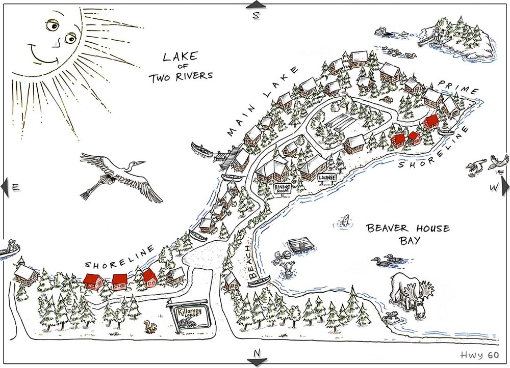 Map of Shoreline Cabins at Killarney Lodge in Algonquin Park.