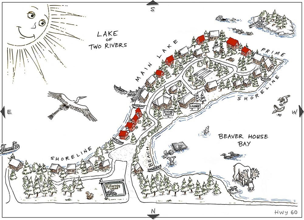 Map of Main Lake Cabins at Killarney Lodge in Algonquin Park.
