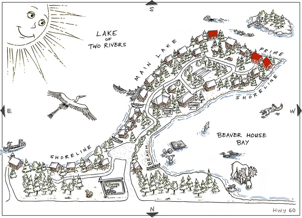 Map of Prime Lake Cabins at Killarney Lodge in Algonquin Park.