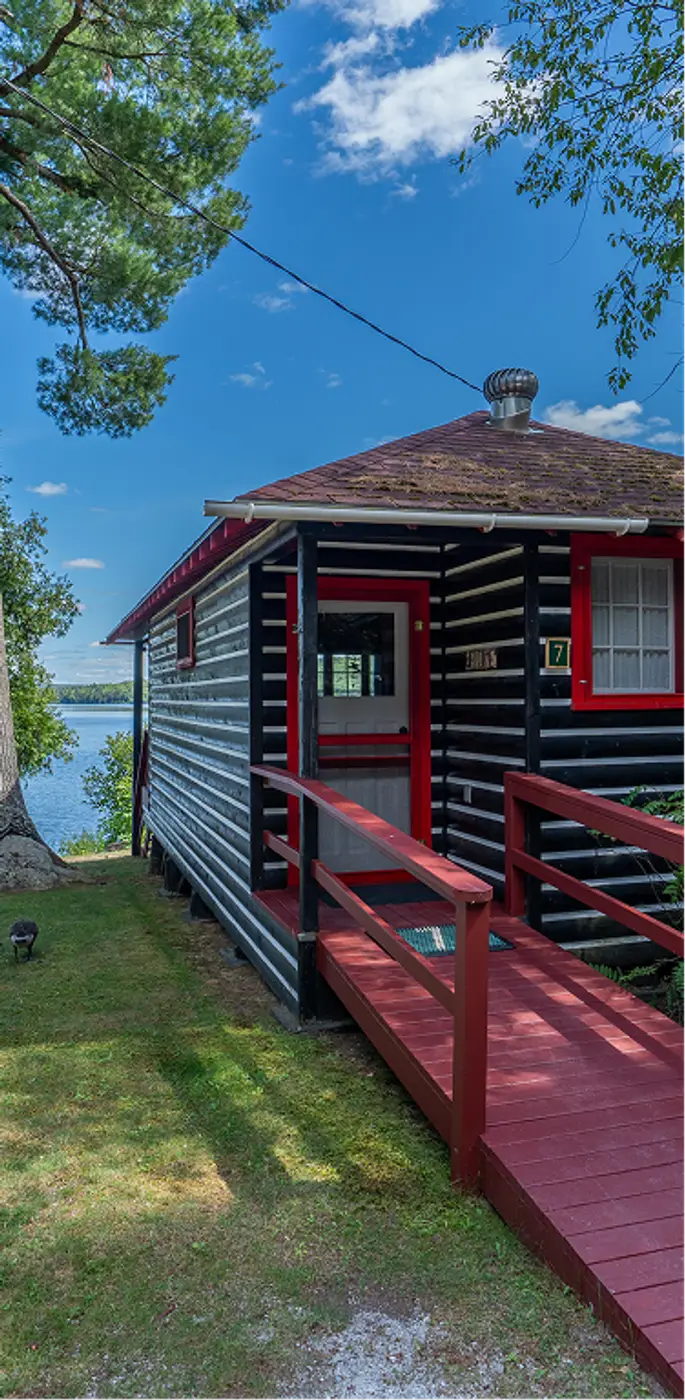 Lake view cabin with a fully accessible ramp at Killarney Lodge in Algonquin Park.