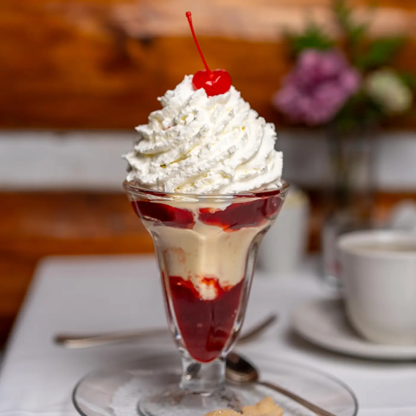 Ice Cream Sundaes: chocolate, caramel, strawberry or maple syrup at Killarney Lodge in Algonquin Park.
