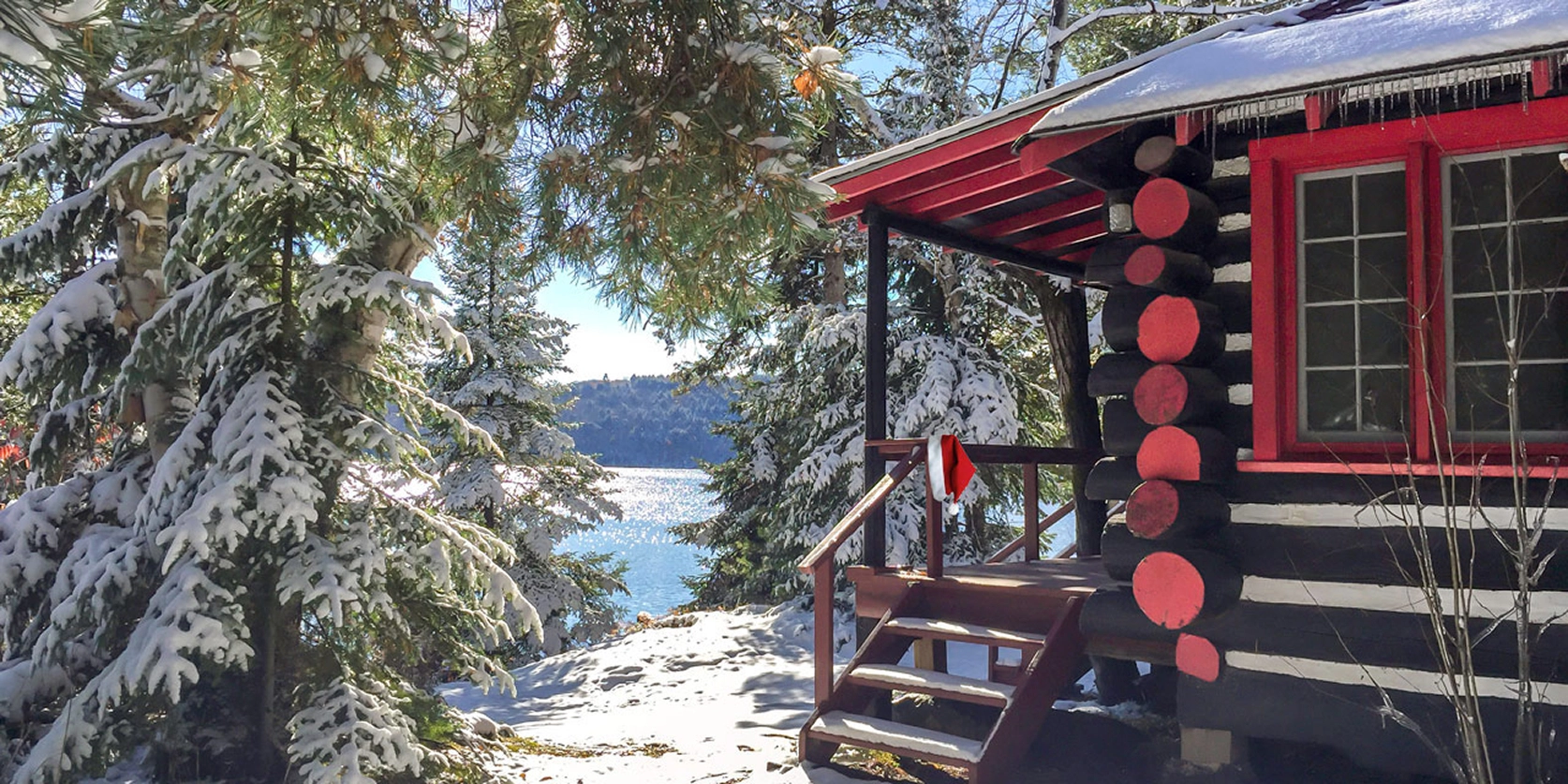 A winter view of a lodge at Killarney Lodge in Algonquin Park.
