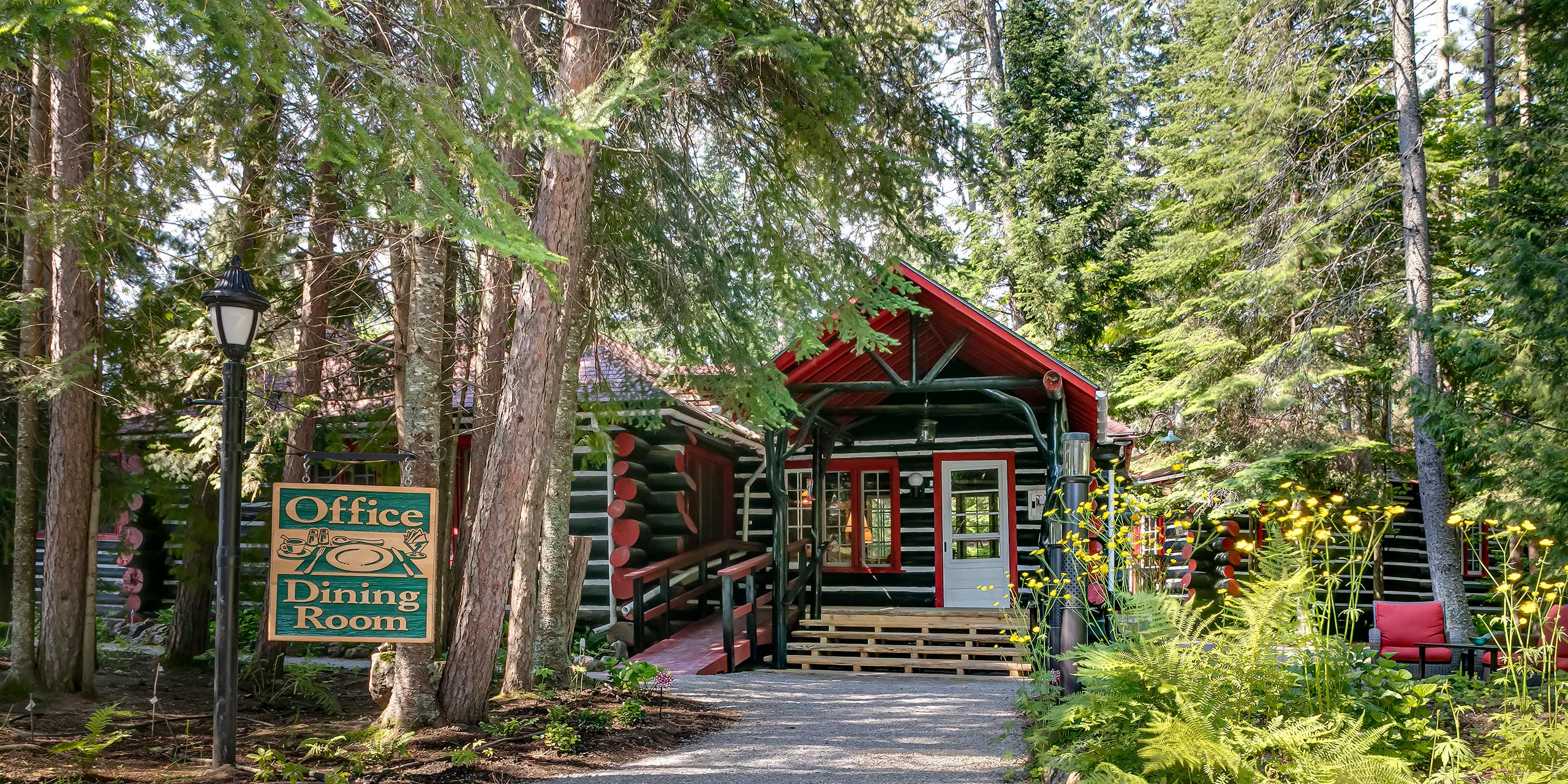 Old log Office and Dining Room at Killarney Lodge in Algonquin Park